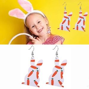3/$15 Easter Bunny Carrot Pattern White & Orange Spring Faux Leather Earrings